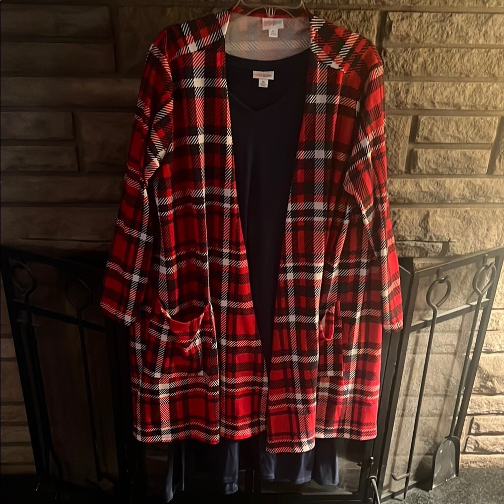 LuLaRoe Red and Navy cardigan with Navy long sleeve mid length dress.